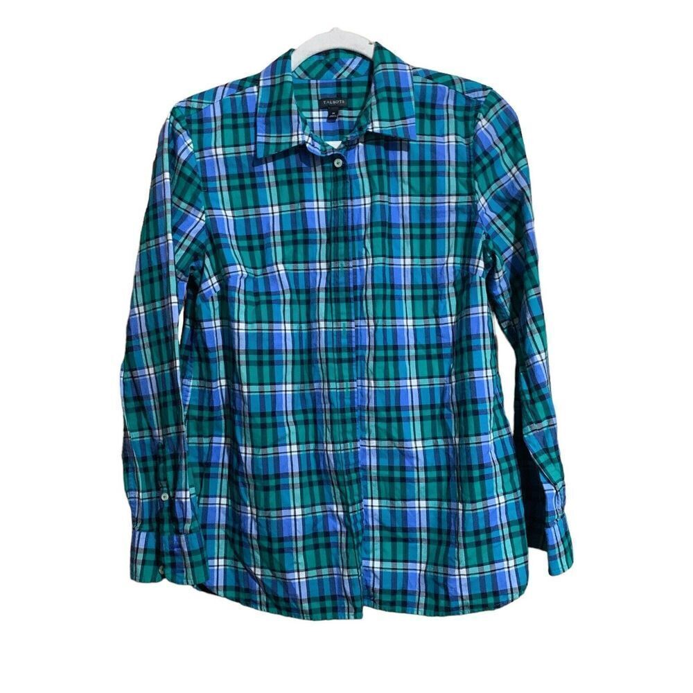 Talbots Womens Size Medium Multicolor Plaid Button Up Shirt Cotton Blouse Top